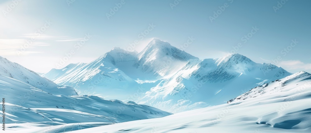 Majestic mountain range covered in snow, with clear blue sky and sun casting long shadows on the peaks