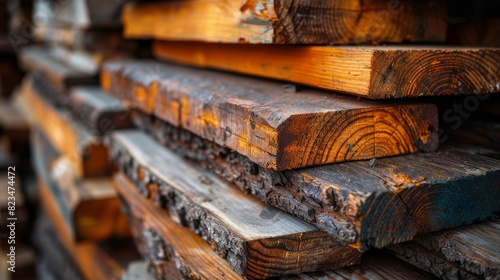 The pile of boards consists of construction lumber, wooden planks, wood timbers and building materials photo