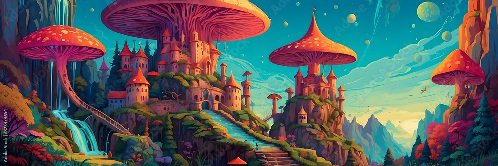 A vibrant fantasy landscape depicting mushroom-shaped castles amidst a mystical forest under a celestial sky