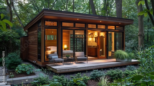 A small wooden cabin with large glass doors and windows. The cabin sits on a small deck and is surrounded by trees 