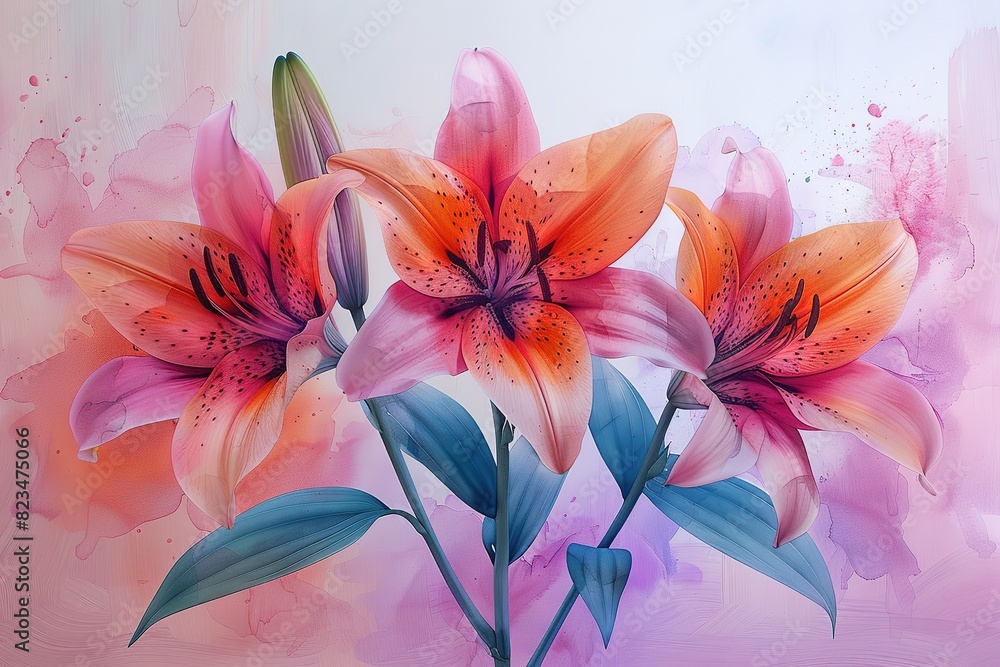 Fototapeta premium floral nature flowers beauty petal colorful lily blooming blossom plant garden flora spring pink green summer closeup white leaves background