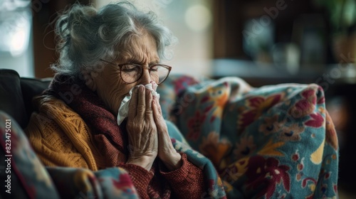 An elderly woman resting at home struggles with the inconvenience of a seasonal illness. She wore a blanket and sneezed into a tissue. To overcome the flu with agility and grace despite discomfort. photo