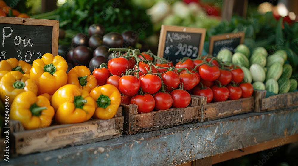 Fresh vegetables at the bazaar, a local eco-shop with products. Chalkboard, proper nutrition. generative ai Fresh vegetables at the bazaar, a local eco-shop with products. Chalkboard, proper nutrition. generative ai