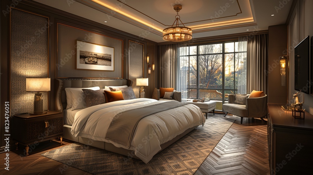 Visualization of the interior of a hotel room in 3D, presenting a modern and comfortable design, thoughtful details and an aesthetically pleasing environment, ideal for hotel design projects. Visualization of the interior of a hotel room in 3D, presenting a modern and comfortable design, thoughtful details and an aesthetically pleasing environment, ideal for hotel design projects.