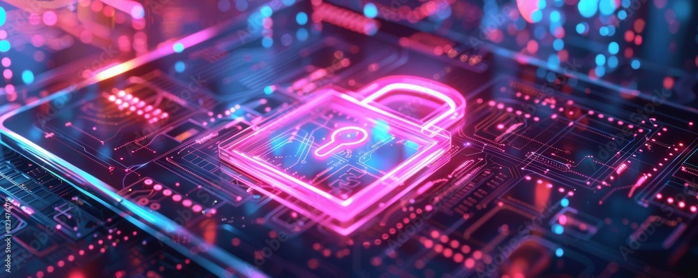 Digital padlock hologram on tablet for data security, businessman in tech office, neon lighting, internet technology, cyber style Digital padlock hologram on tablet for data security, businessman in tech office, neon lighting, internet technology, cyber style