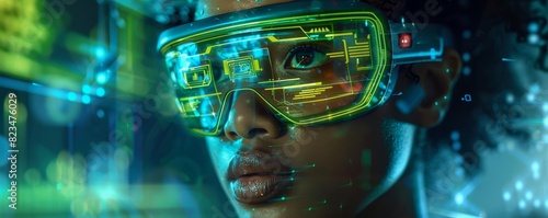 Wallpaper Mural Customer service agent troubleshooting via AR glasses, interactive holographic displays, tech support environment, neon green glow, cyberpunk Torontodigital.ca