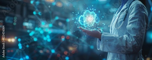 Wallpaper Mural Doctor holding holographic health icon, digital lab environment, neon blue lights, global medical network, futuristic technology Torontodigital.ca