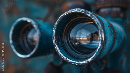 Antique binoculars close up. Vintage binoculars with blue paint and rust, closeup on lenses with a blurred background. photo