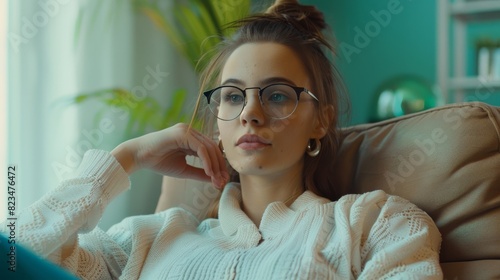 White Caucasian female wearing glasses seated in a chair, lost in thought photo