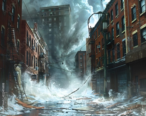 Illustrated of Tornado-induced wind damage in a narrow alley. photo