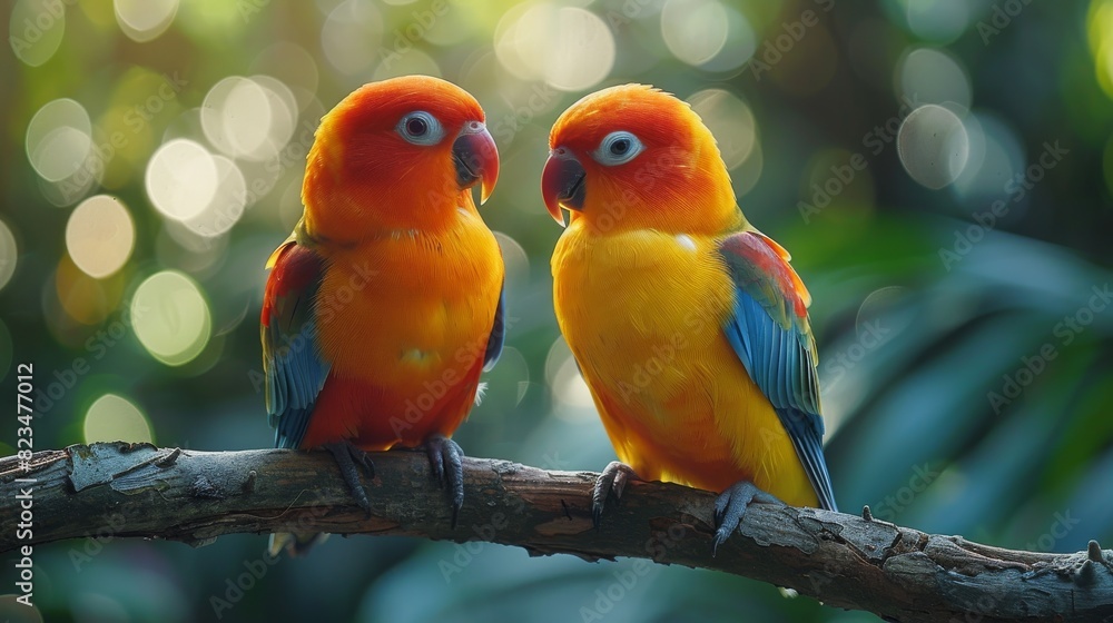 Two lovebirds showing affection on a branch with a soft bokeh green background