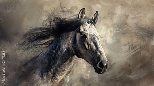 Grace and beauty of a horse in a captivating portrait  highlighting its flowing mane  expressive eyes  and strong physique. This high-resolution image is ideal for equestrian enthusiasts  equine-theme
