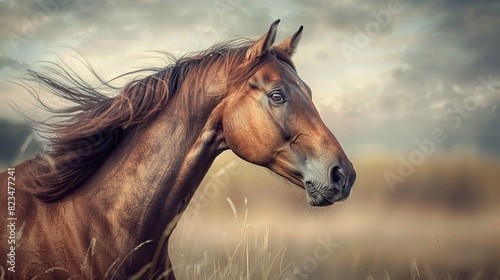Grace and beauty of a horse in a captivating portrait  highlighting its flowing mane  expressive eyes  and strong physique. This high-resolution image is ideal for equestrian enthusiasts  equine-theme