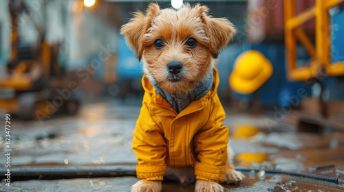 A puppy wearing a yellow raincoat stands confidently at a construction site, with equipment in the background photo
