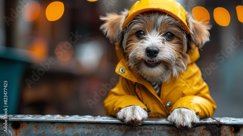A dog with paws on a metal surface wears a yellow winter coat with fur-lined hood, gazing over the edge photo
