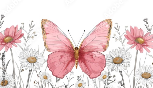 Minimalist pink butterfly line art with daisies, bold lines, clean white background, simple art style © Thanaseth
