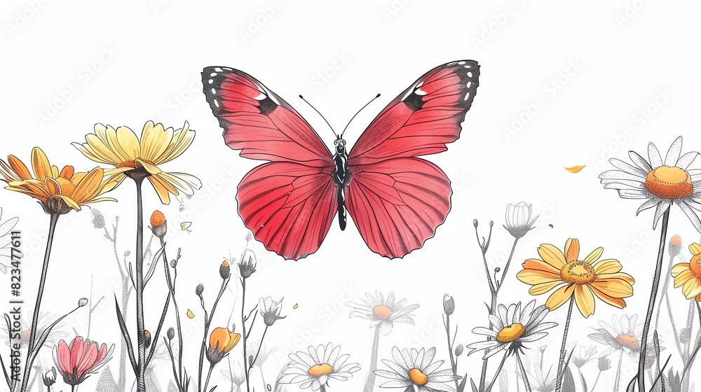 Simple minimalist line art pink butterfly among daisies, bold lines, white background Simple minimalist line art pink butterfly among daisies, bold lines, white background