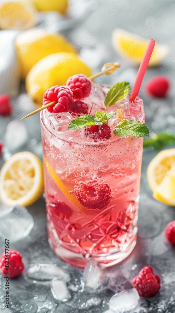 A glass of pink drink with a lemon wedge and a raspberry on top A glass of pink drink with a lemon wedge and a raspberry on top