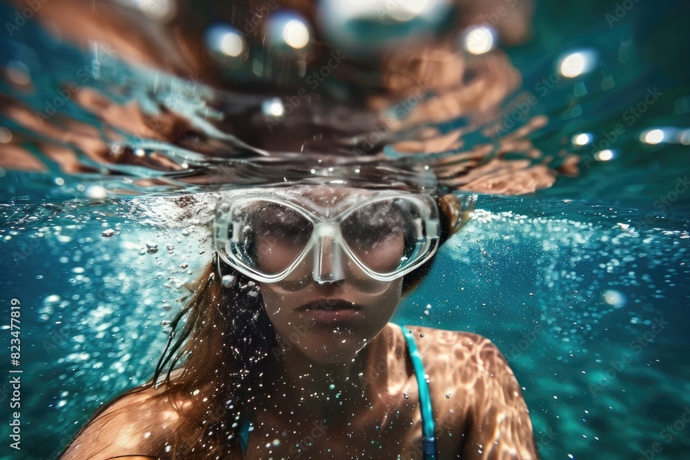 A woman is swimming in the ocean wearing goggles. The water is clear and the woman is looking down