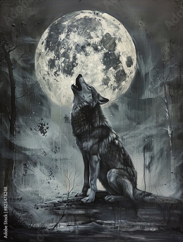A dark and mysterious wolf howls at the moon