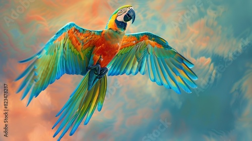 Vibrant colors of a parrot in mid-flight, its feathers ablaze with hues of green, blue, and yellow as it dances through the sky. This high-resolution image is ideal for tropical bird enthusiasts, exot photo