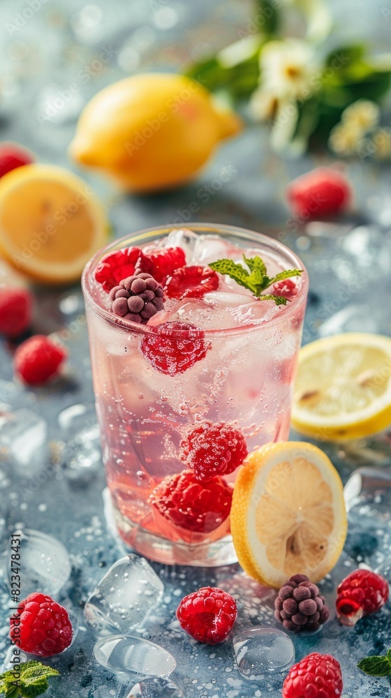 A glass of pink drink with raspberries and lemon slices A glass of pink drink with raspberries and lemon slices