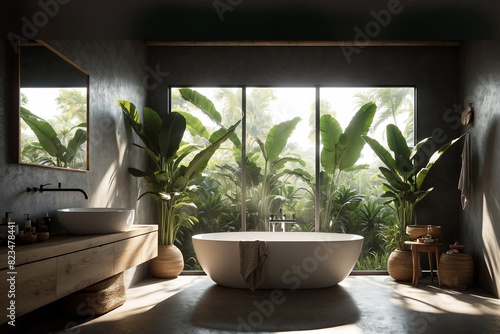 Large bath among tropical leaves in Bali. Vacation travel concept. Generation Ai