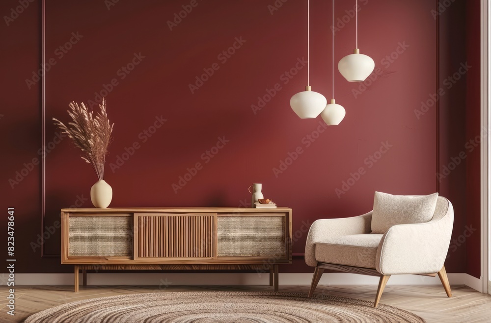 custom made wallpaper toronto digitalA modern living room with burgundy wall paint, featuring an elegant wooden sideboard and beige armchair