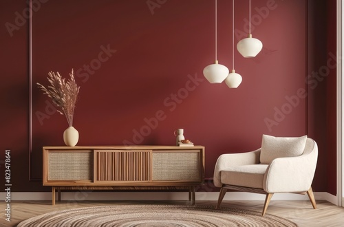 A modern living room with burgundy wall paint, featuring an elegant wooden sideboard and beige armchair