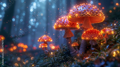 A magical display of luminescent mushrooms nestled in a dark forest with specks of light resembling fairies