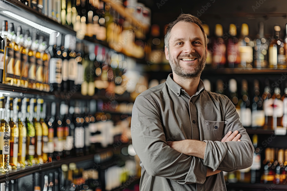 Smiling liquor store manager posing confidently, representing expertise Smiling liquor store manager posing confidently, representing expertise