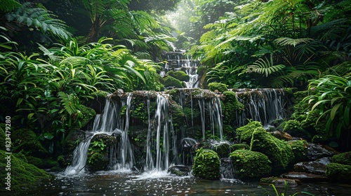 Cascading waterfalls in a lush green place  cut out 