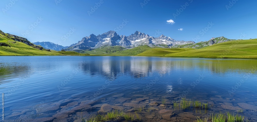Serene mountain lake with a reflection of the surrounding peaks and clear blue sky