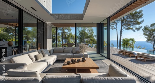 A modern living room with glass doors leading to an outdoor terrace overlooking the sea