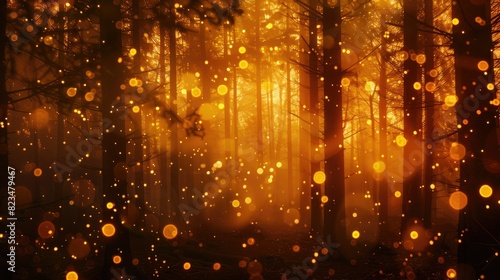 Mysterious foggy forest with golden bokeh lights