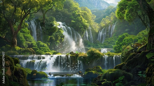 Cascading waterfalls in a lush green place  cut out 