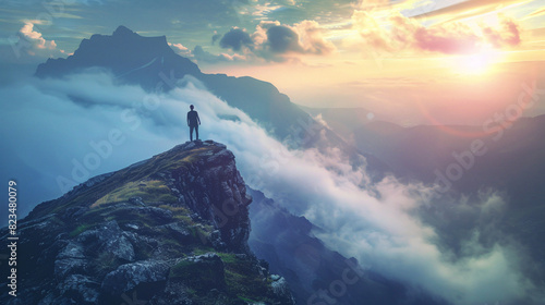 Mountain peak sunset. A hiker stands on a mountain peak overlooking a valley filled with clouds  illuminated by a beautiful sunset.