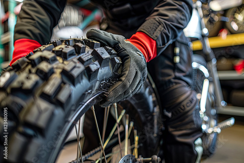 Motorcycle mechanic changing tire in specialized bike repair shop © Emanuel
