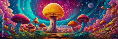 A vibrant illustration of a magical mushroom grove in an enchanted forest with a whimsical path
