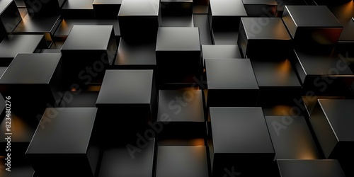 Abstract black wall squares in various sizes and shapes create monolithic patterns. Concept Wall Art, Abstract Design, Black Squares, Monolithic Patterns, Shapes and Sizes