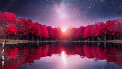 Sun trippy forest with red trees, full sun, dark purple sky, stars and lake reflecting the landscape  a fantastic place for meditation,nuit, lune, ciel, paysage, arbre, star, star, nature, foncé,  © Lal