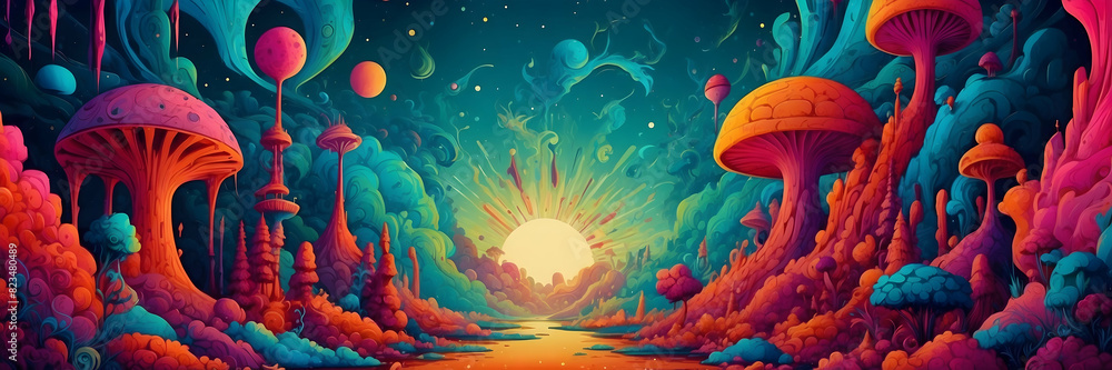 Enchanting digital art of a whimsical mushroom valley bathed in the light of an ethereal sunrise Enchanting digital art of a whimsical mushroom valley bathed in the light of an ethereal sunrise
