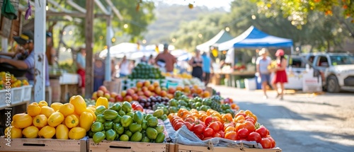 Sunny day at a bustling farmers market with fresh produce, artisan goods, and happy shoppers