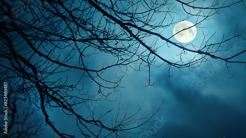 Night dark sky with full moon and branches toned blue.
