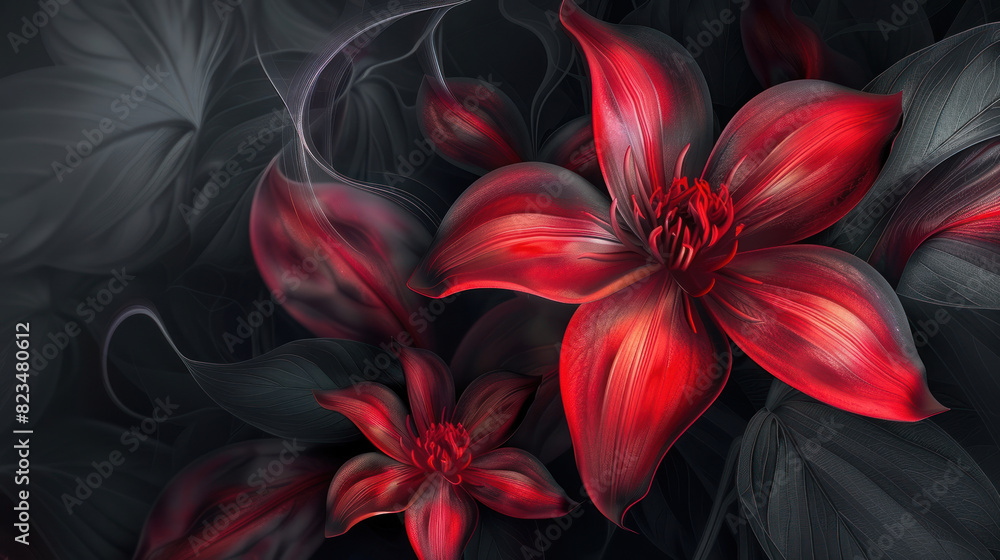 Fototapeta premium Beautiful abstract red flower on black decorative background as wallpaper illustration, Elegant Red Flower