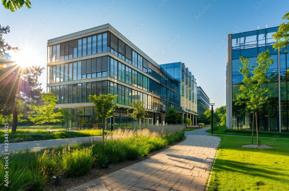 A modern office building with glass facades, surrounded by greenery and trees on the outside. The sun is shining brightly in a clear blue sky A modern office building with glass facades, surrounded by greenery and trees on the outside. The sun is shining brightly in a clear blue sky