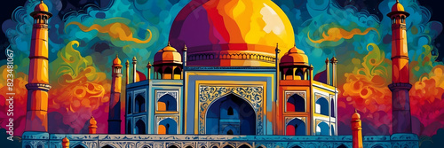 A colorful, artistic representation of the Taj Mahal set against a vividly patterned sky, capturing the essence of the historic monument photo