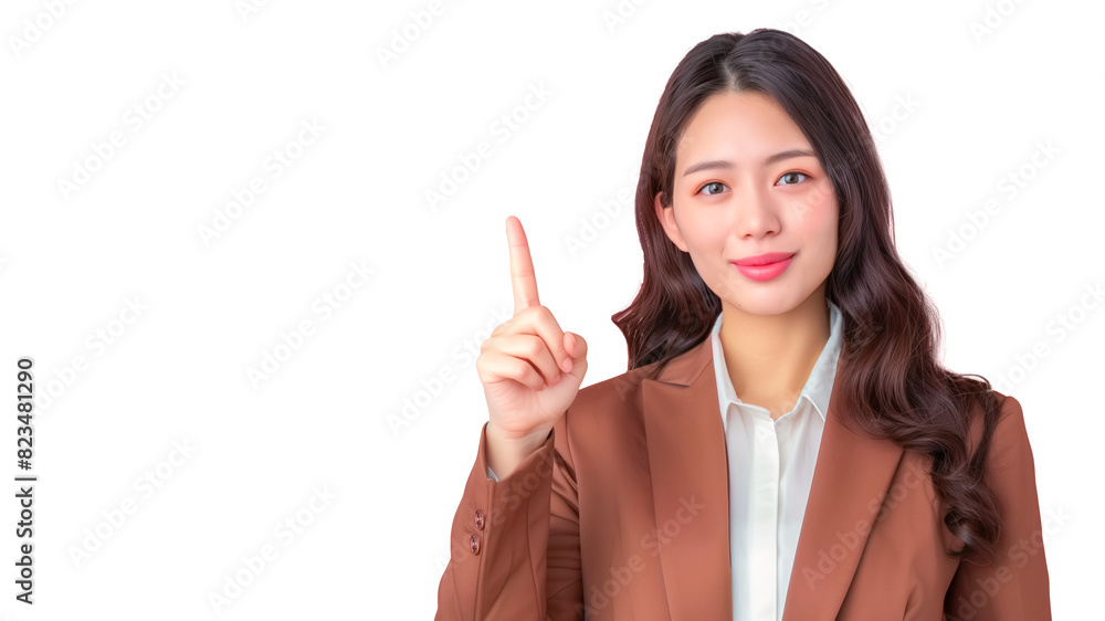 Confident young woman in business attire pointing upwards. Background and homepage contents.