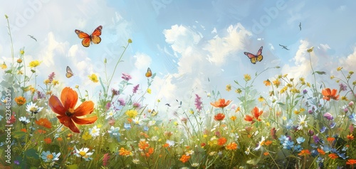 Sunny meadow with wildflowers in bloom  butterflies fluttering  and a gentle breeze blowing