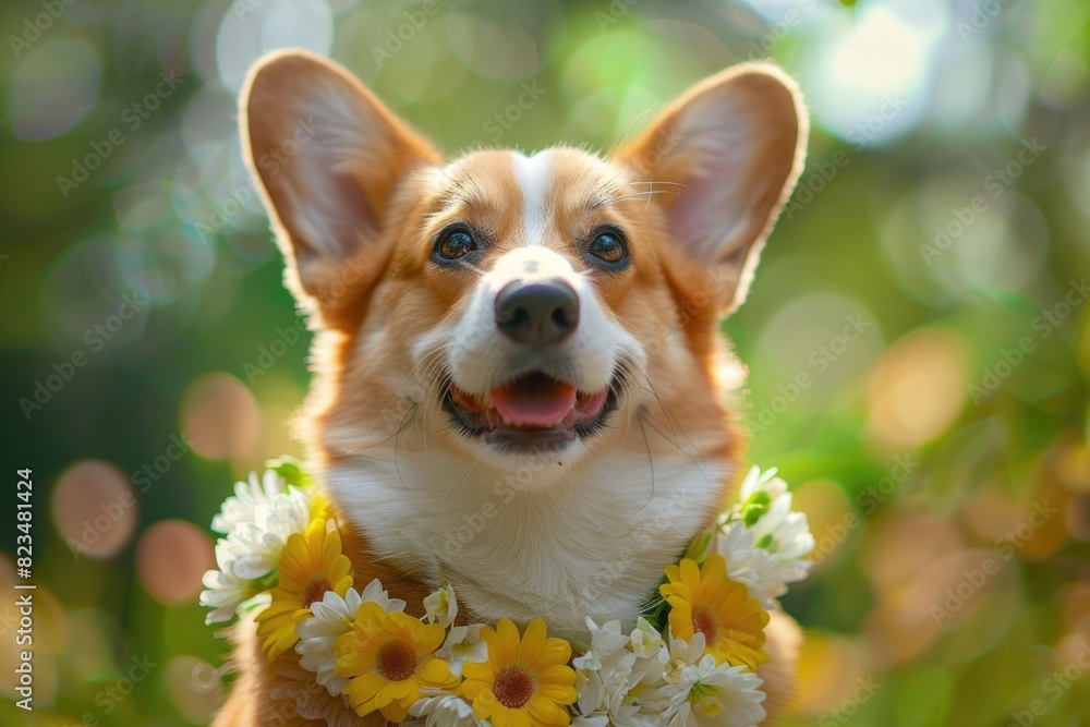 Radiant Corgi Adorned in Daisy Necklace Against Blurry Green Backdrop Radiant Corgi Adorned in Daisy Necklace Against Blurry Green Backdrop